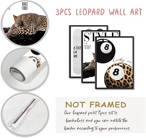 Miniatura 4 de 3 piezas de arte de pared de leopardo moderno y estético elegante con estampado de leopardo para decoración de pared Funky Lucky 8 Ball Cheetah