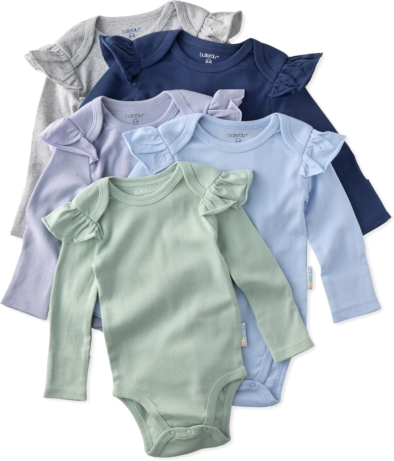 Ashley 5-Pack Long Sleeve Ruffle Shoulder Bodysuits 100% Organic for Baby Girls