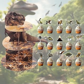 3-Tier Dinosaur Cupcake Stand with 15 Unique Toppers – Complete Set for Dinosaur-Themed Kids Birthday Parties, Dinosaur Dessert Tower for Boys Dinosaur Jungle Theme Birthday Party Supplies