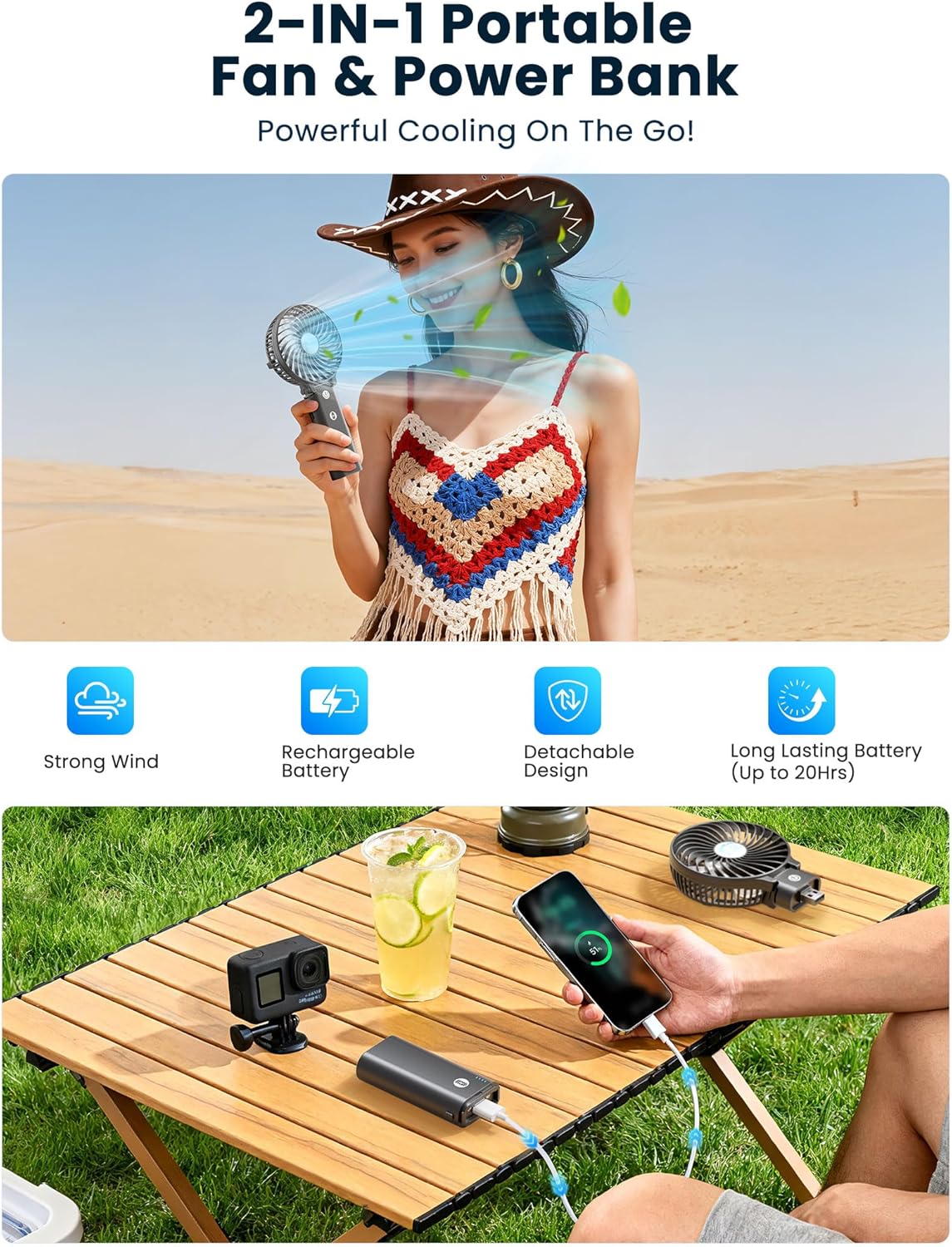 HandFan 5200mAh Portable Handheld Fan, Personal Hand Held Fan USB Rechargeable, 180° Foldable Portable & Detachable Handle Design,3 Speeds Strong Airflow Cooling for Travel/Outdoors/Indoors (Black) - Image 3