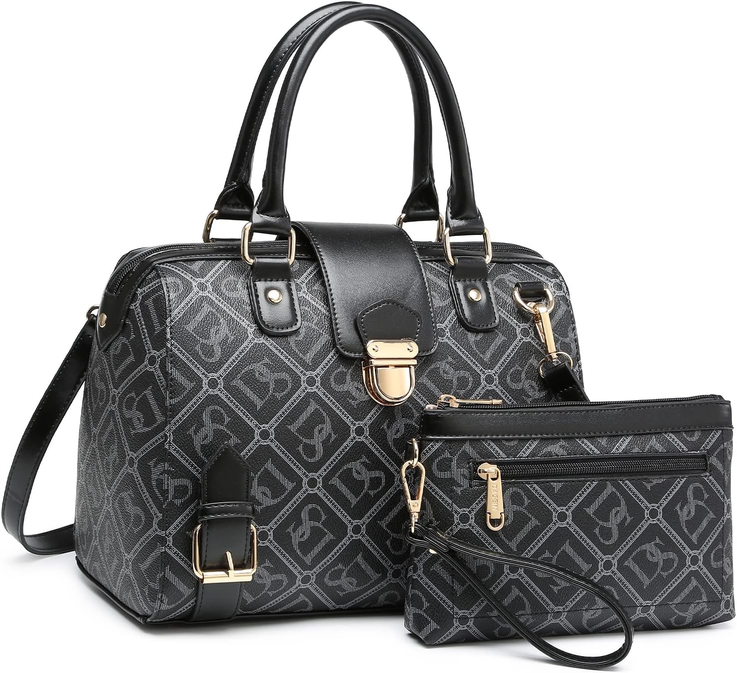 DaseinWomen Barrel Handbags Purses Fashion Satchel Bags Top Handle Shoulder Bags Vegan Leather Work Bag, Ds Monogram Black, Medium