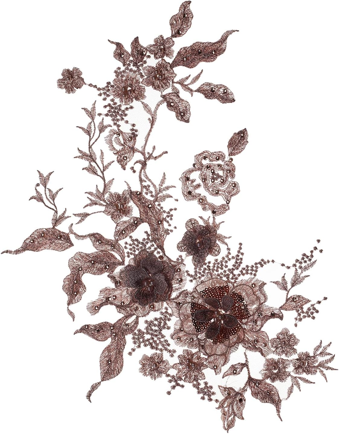 3D Floral Embroidered Lace Sew on Patches, Beaded Sequins Flower Embroidered Applique, Rose Gold Sewing Accessories for Clothing Wedding Dress Lace Fabric DIY Decoration