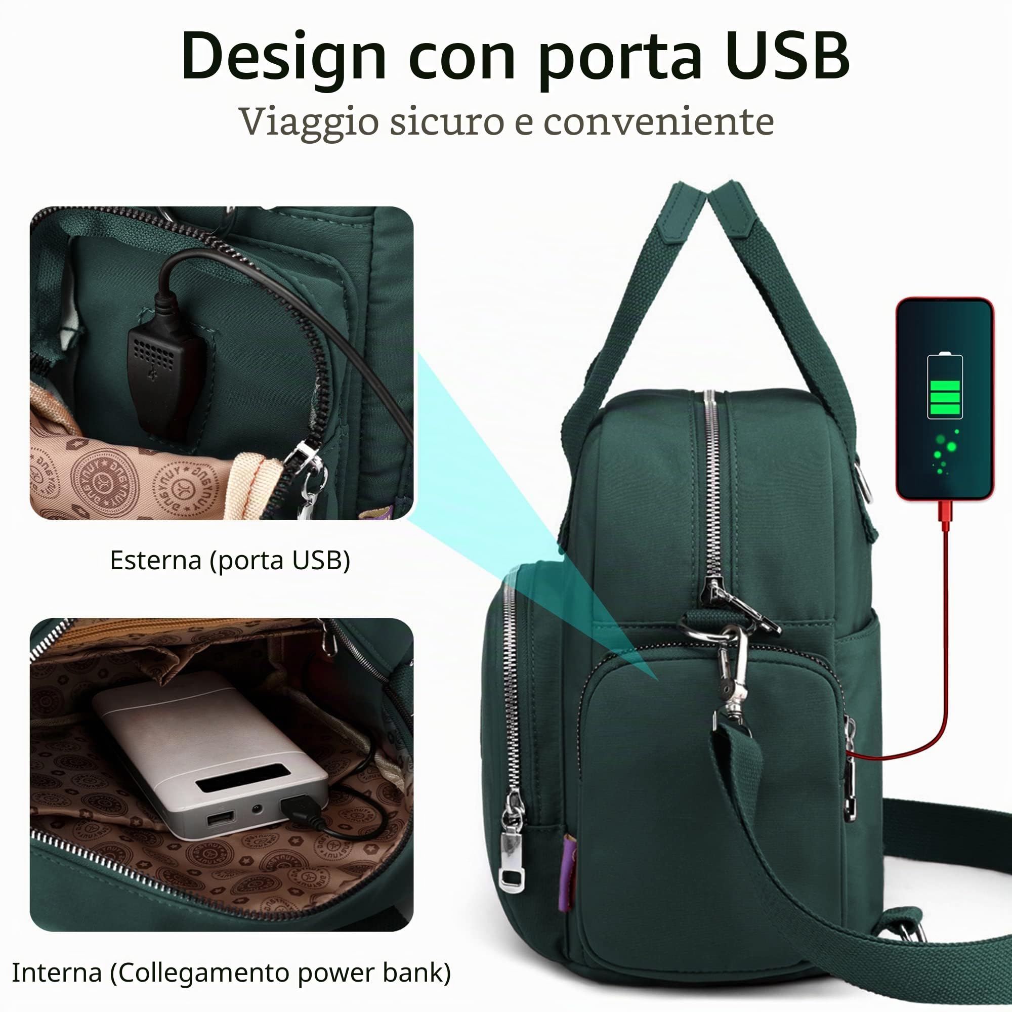 VARLIVOO Moda Borsa a Tracolla da Donna con USB Porta Borsa a Tracolla Borsetta da Donna Zaino College Viaggio Scuola Campeggio Borsa Poliestere Impermeabile Verde Scuro