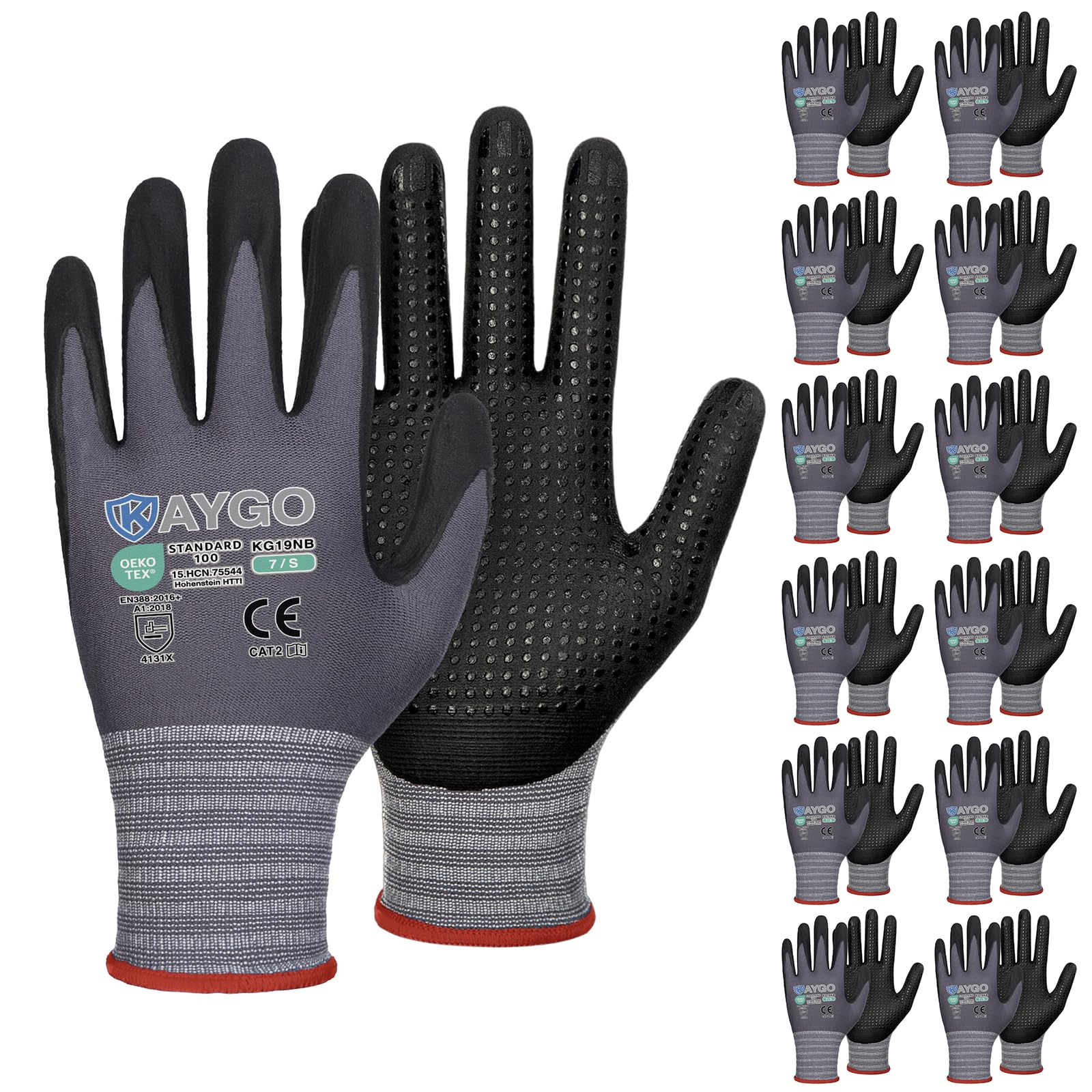 KAYGO MicroFoam Nitrile Coated Work Gloves, 12 Pairs KG19N Seamless Knit Nylon, Micro Dots for Enhanced Grip, Breathable and Durable, Ideal for