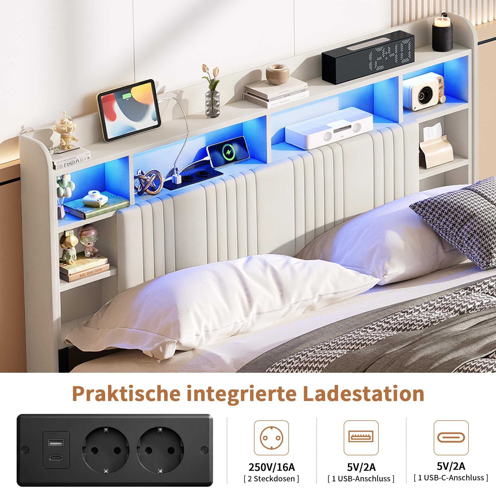 Polsterbett 140x200cm Doppelbett mit USB- und Typ-C-Ladeanschluss,LED Doppelbett Hydraulisch Stauraumbett mit Lattenrost,Jugendbett Funktionsbett,bett 140x200 mit stauraum (Beige+Leinen, 140x200cm)