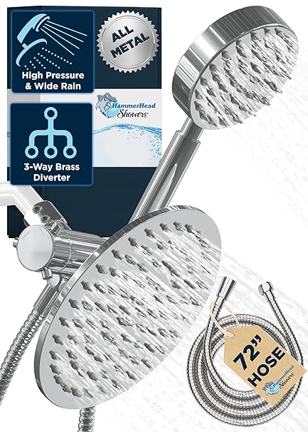 All Metal Dual Shower Head Combo - Chrome - Shower Head with Handheld Spray - 8 Inch Rain Showerhead and 3-Way Diverter Valve