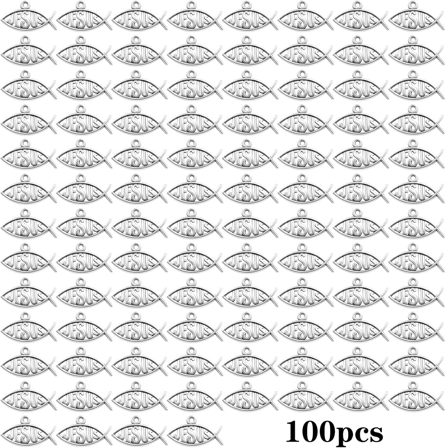 100pcs Antique Silver Jesus Fish Charms Tibetan Alloy Christian Fish Shaped Pendants Vintage Jesus Religious Dangle Charms for DIY Bracelet Necklace Jewelry Making Supplies - Image 2