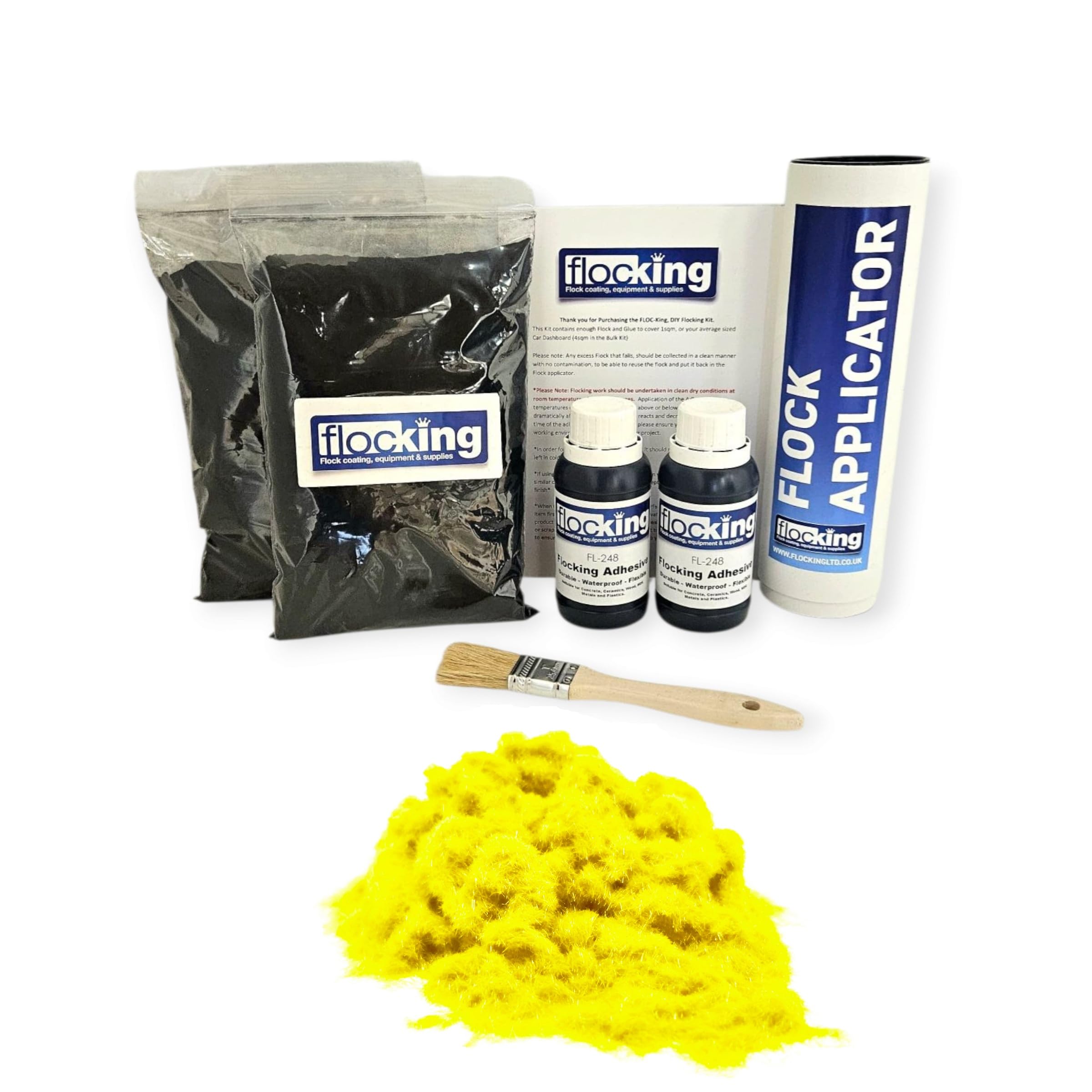 FLOC-KING Professional Twin Flocking Kit (Fluorescent Yellow) – 2sqm Coverage – DIY Dash Flocking Fibres & High-Strength Specialised Adhesive for Car Interior Restoration, Dashboards & Crafts