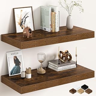30Inch Floating Shelves for Wall, 12 Inch Deep Shelves for Bedroom, Kitchen, Bathroom Wall Mounted, Rustic Wood Floating Shelf with Invisible Brackets for Books, Storage, Decor, Rustic Brown, 2 Packs