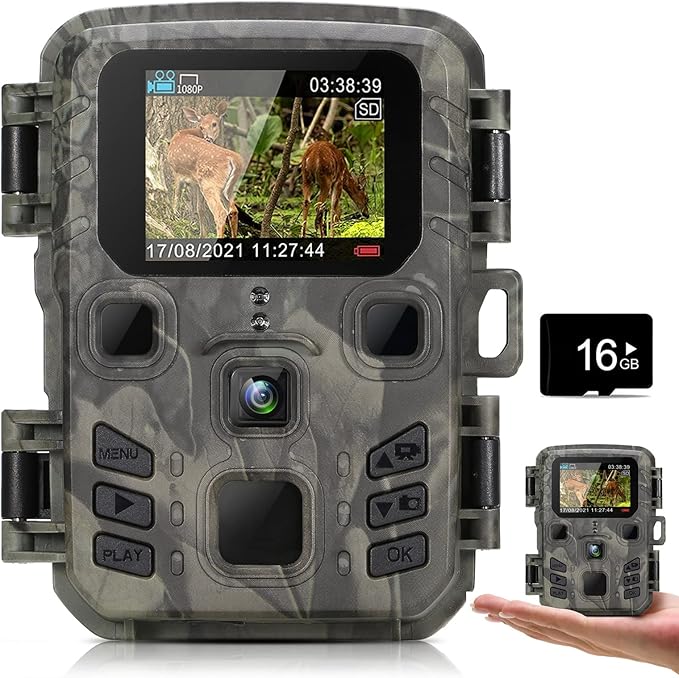 Findn Mini Wildlife Camera, 20MP 1080P Trail Camera with 16GB Micro SD Card Night Vision Motion