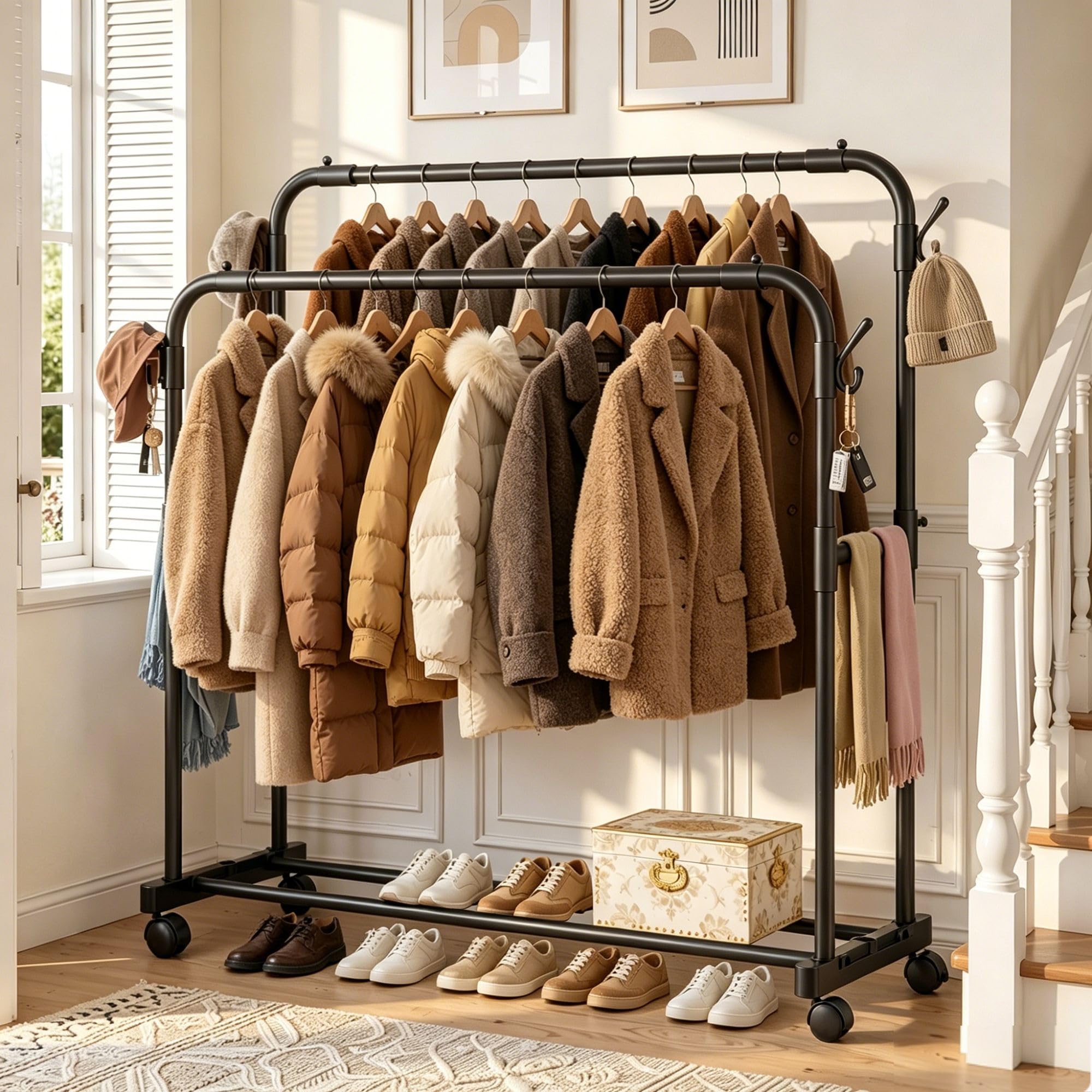 Portant Vetement Solide à Roulettes avec 4 Crochets & Anti-dérapant, Portant à Vêtements Double Tringle, Porte-vêtements Penderie Vetement Dressing pour Pulls, Manteaux, Chemises, Charge 75 kg
