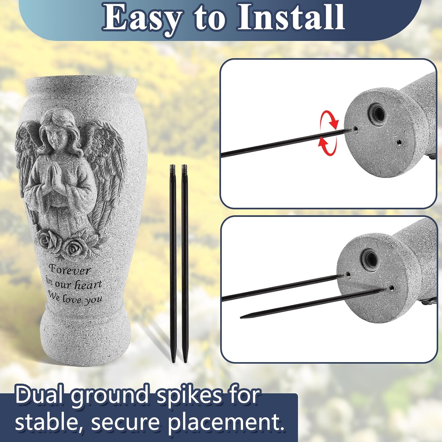Consevisen Cemetery Vases for Grave, Memorial Angel Vases for Cemetery Flower Holder with Spikes and Drainage Hole, Grave Decoration for Headstone, Floral Vase for Fresh or Artificial Flowers