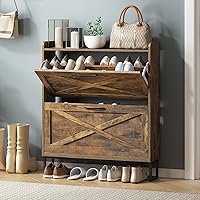 Maupvit Narrow Shoe Storage Cabinet with 2 Flip Drawers, Rustic Brown Freestanding Entryway Organizer, Metal Legs, Space-Saving Shoe Rack