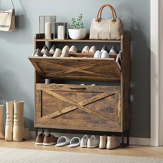 Maupvit Narrow Shoe Storage Cabinet with 2 Flip Drawers, Rustic Brown Freestanding Entryway Organizer, Metal Legs, Space-Saving Shoe Rack