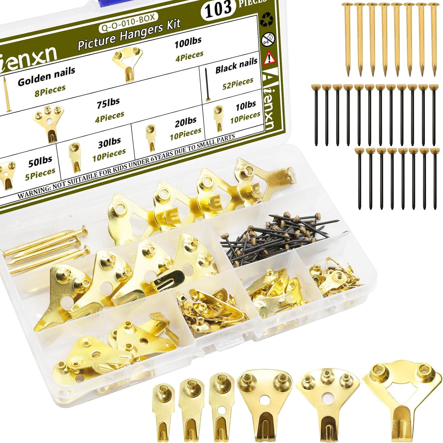 103PCS Heavy Duty Picture Hanging Kit Holds 10-100lbs, Picture Hangers with Nails, Professional Picture Hangers on Drywall/Wooden for Picture Frame, Office Pictures, Canvas, Clock
