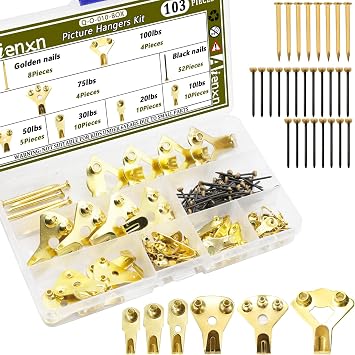 103PCS Heavy Duty Picture Hanging Kit Holds 10-100lbs, Picture Hangers with Nails, Professional Picture Hangers on Drywall/Wooden for Picture Frame, Office Pictures, Canvas, Clock