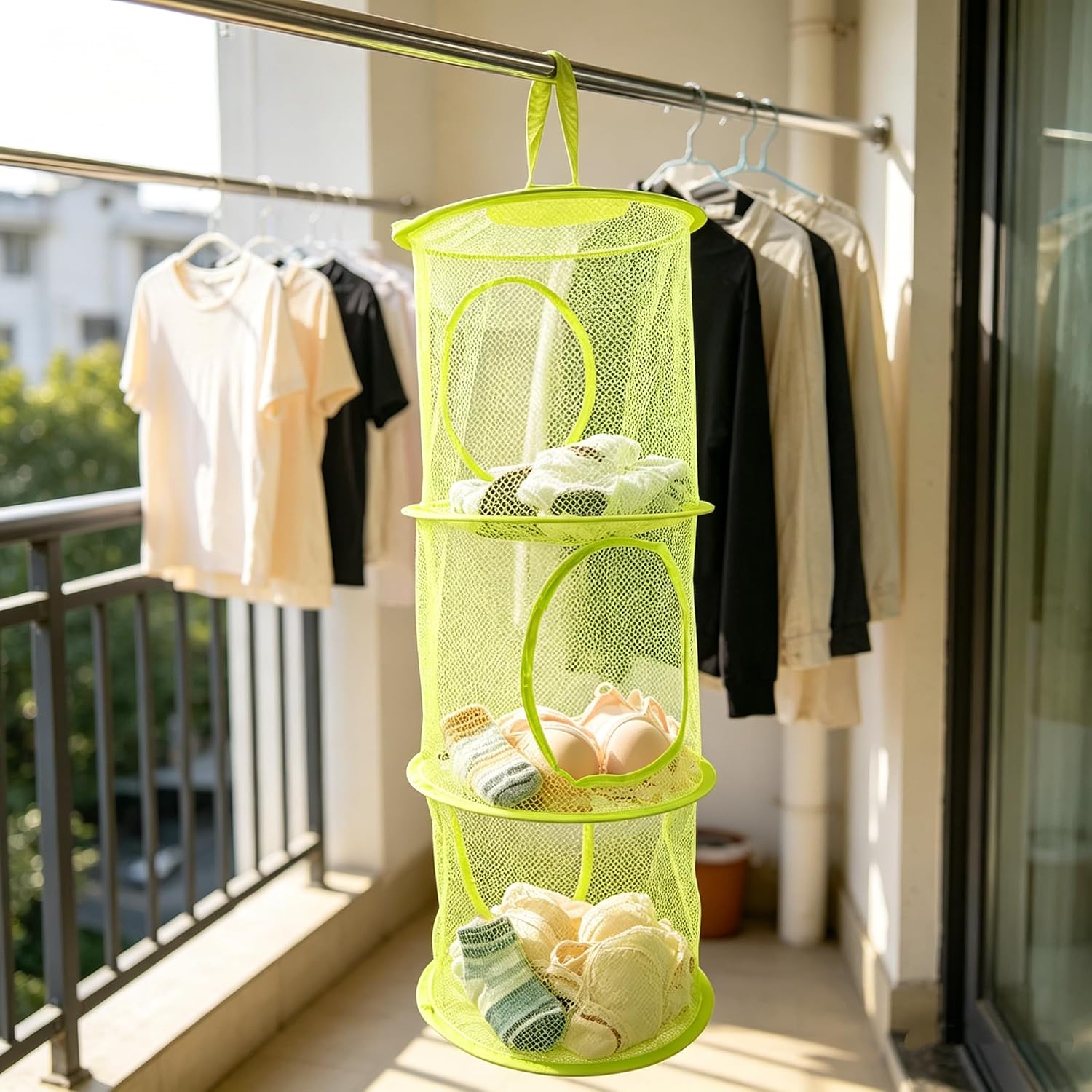 Hanging Mesh Space Saver Bags Organizer,Multilayer Dry Rack,Foldable Storage Organizer Hanging Mesh Toy Storage Basket Underwear Socks Organiser Cage(green)