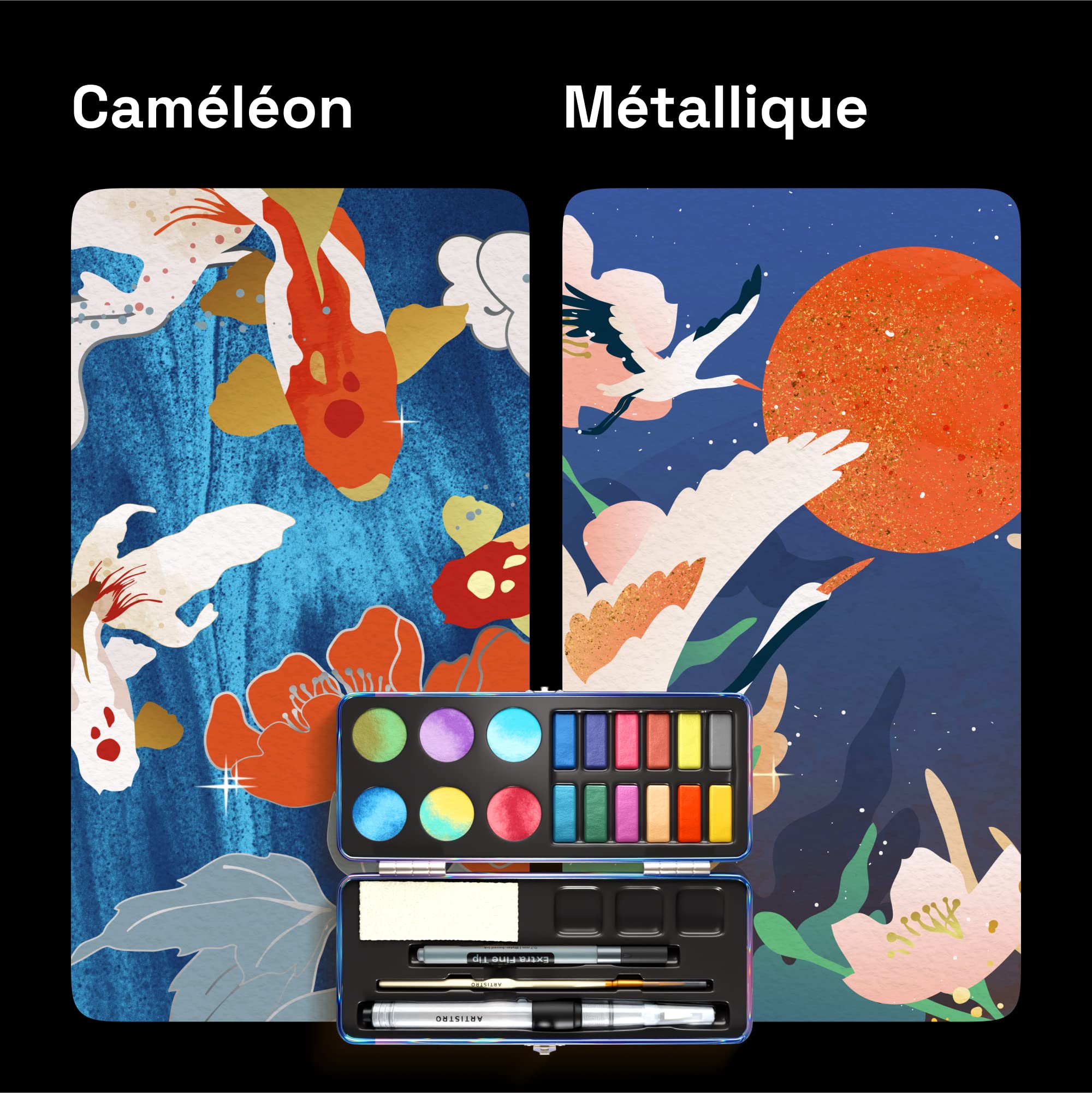 Artistro Palette de peinture18 Godets de 12 aquarelles métalliques irisées et 6 Couleurs caméléon. Kit Portable idéal pour Artistes ou Amateurs et Amoureux de la Peinture Aquarelle
