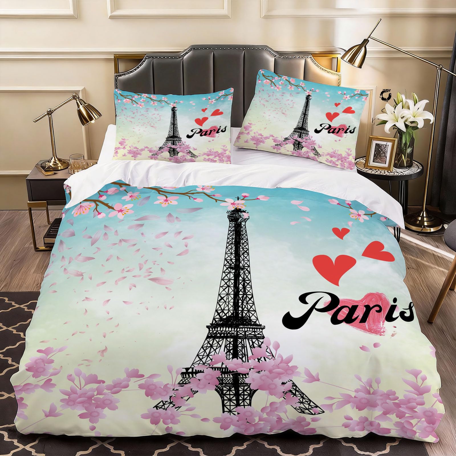 3D Eiffel Tower Duvet Cover Love Bedding Bed Set king Size, Soft Microfiber Comforter Cover Printed with Zipper Closure Quilt Coverr 230x220 cm and 2 Pillowcases