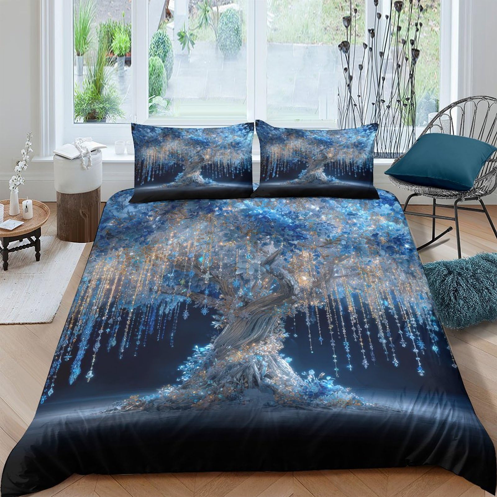 Ctjqhvkz Style-9 3D Printed Blue Tree Fitted Sheet Microfiber Soft Dark Fantasy Forest Bed Cover For Bedroom Dorm Mattress Protection Decor Single（135X200cm）
