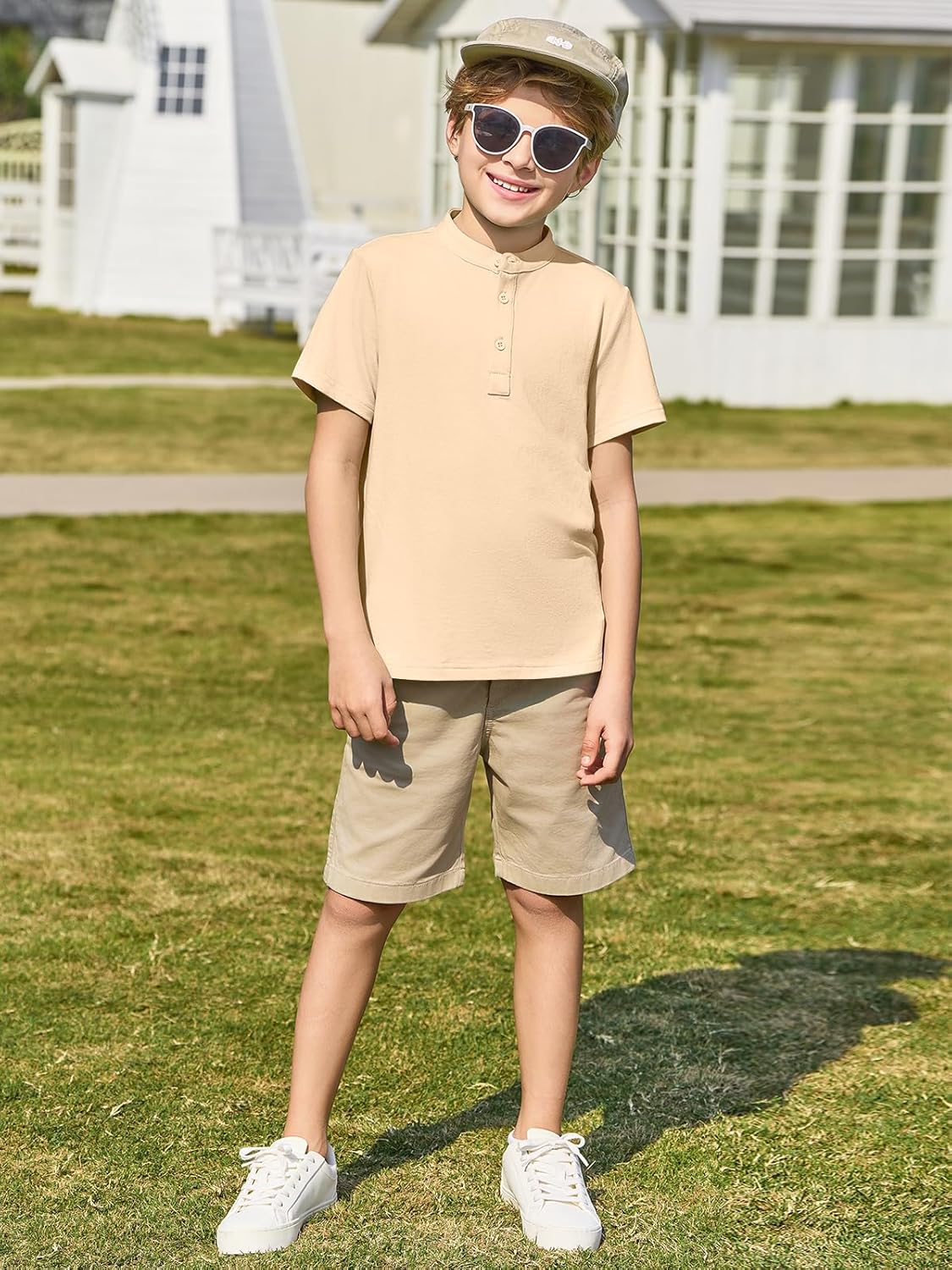 Haloumoning Boys Short Sleeve Henley Shirt Kids Casual Button Front Summer T-Shirts Tops Tees 5-14 Years Beige 7-8 Years image 3 of 5 B0DP4QM321