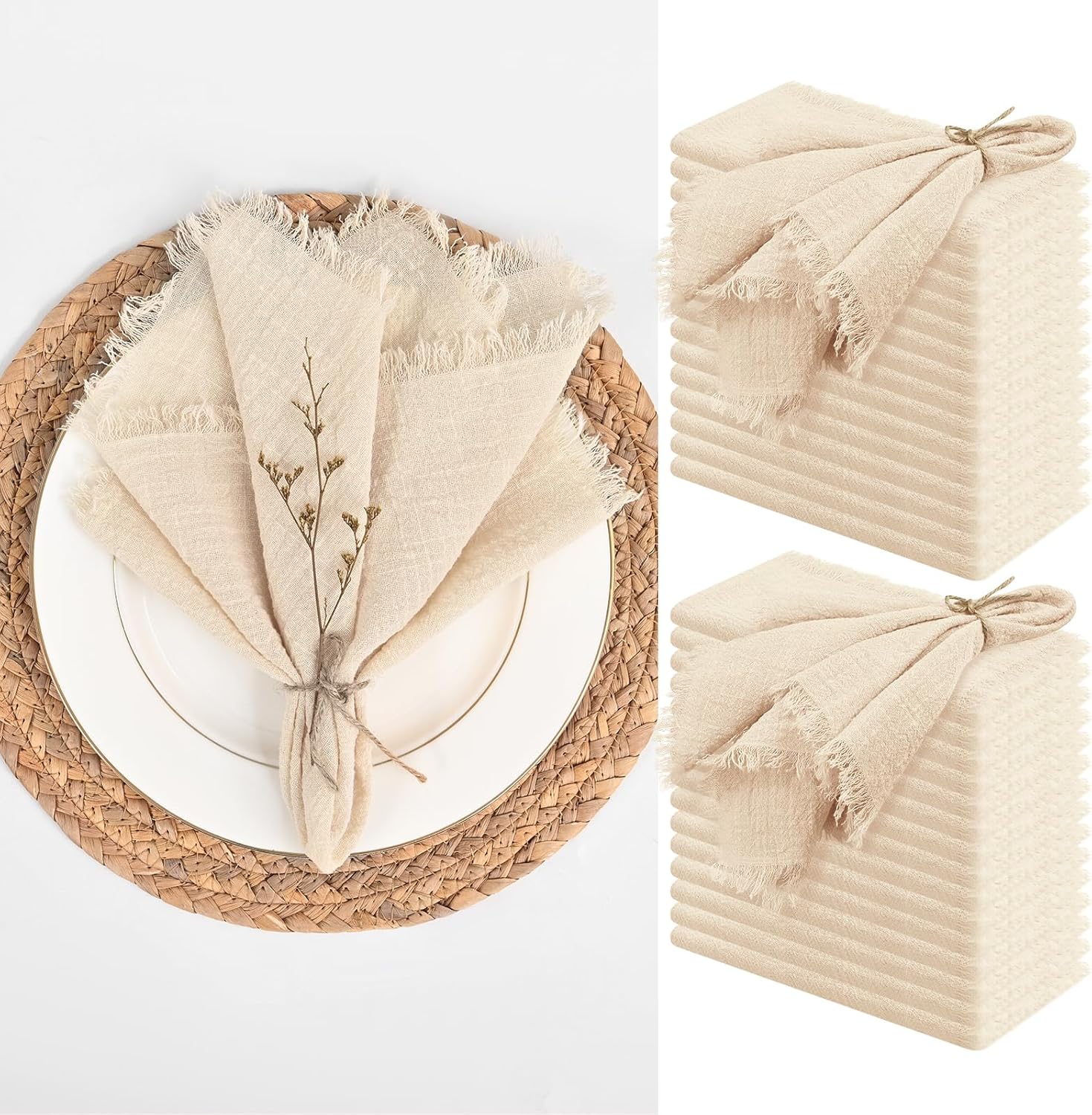 30 Packs Cotton Linen Napkins,Handmade Cloth Napkins Bulk with Fringe, Rustic Boho Napkins Cloth,Cloth Napkins for Romantic Wedding Party Event Dinner Birthday Table Decor(Beige,16 x 16 Inch)