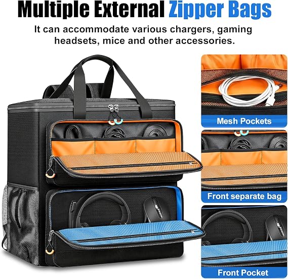 Computer desktop tower carrying case with padded protection & multiple pockets, gaming computer backpack can hold CPU main frame, keyboard, mouse, cables and accessories