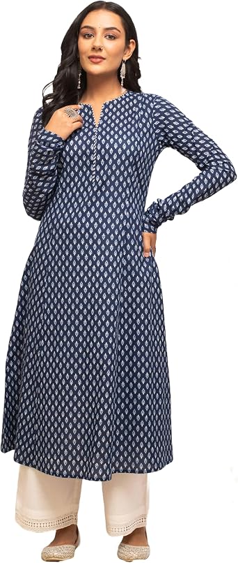 FIORRA Womens Light Green Floral Printed Cotton Straight Kurta