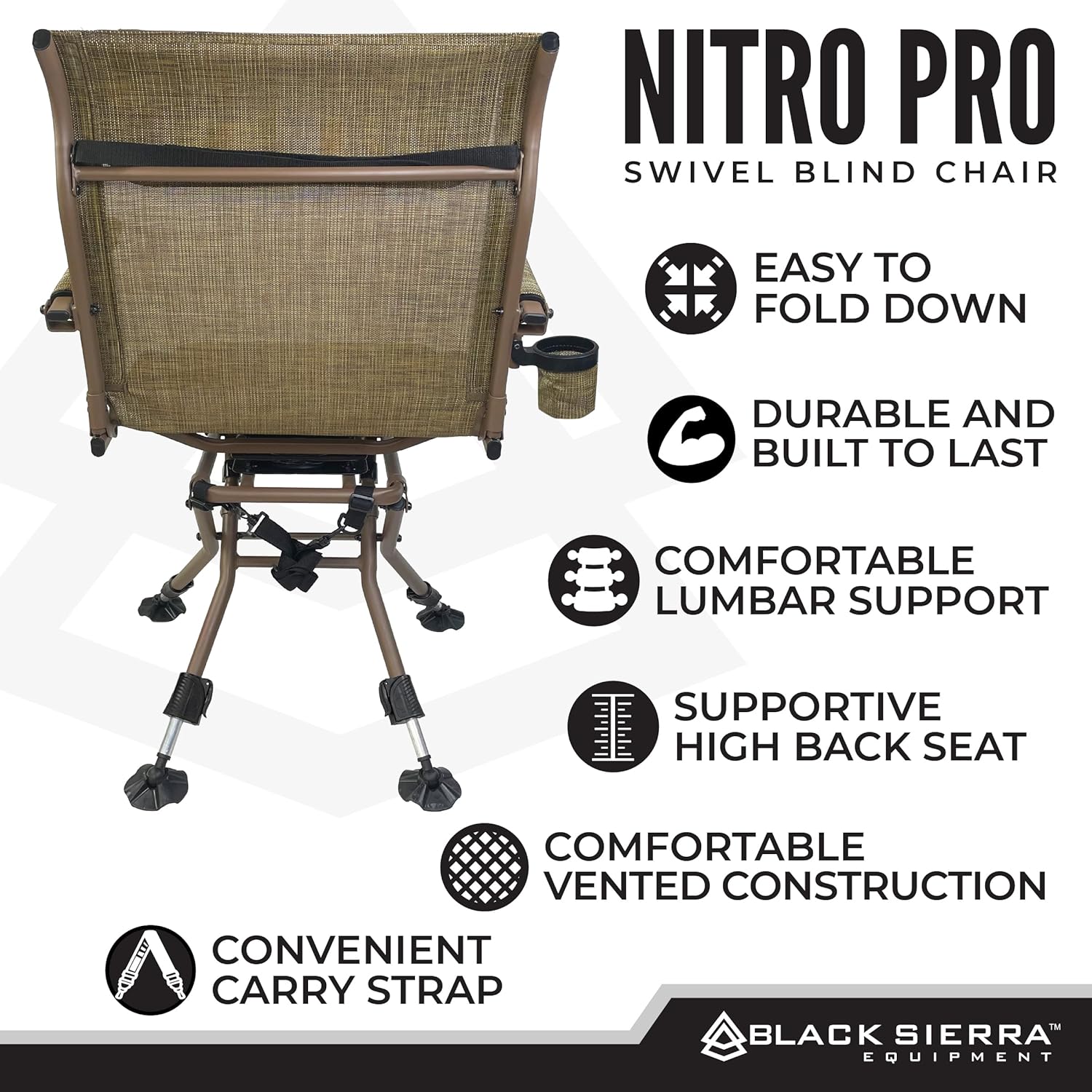 Black Sierra Heavy Duty Swivel Hunting & Camping Chair Supports 300 Lbs, XL 360° Silent Swivel for Hunting Blind, Portable Ground Chair w/All Terrain Feet, Padded Armrests w/Carry Strap and Cupholder - Image 6
