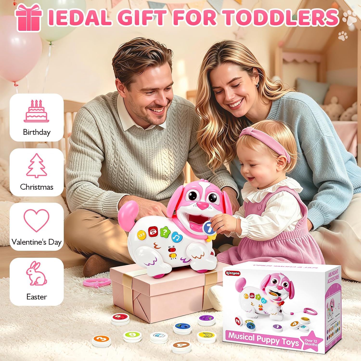 KIZZYEA Musical Feeding & Counting Puppy Toys for 1 Year Old Toddler Girls | Interactive Number & Food Learning Toys for 12 Months+, Pull-Along Puppy Toy, 1st Birthday Gifts for Girls Boys, Christmas
