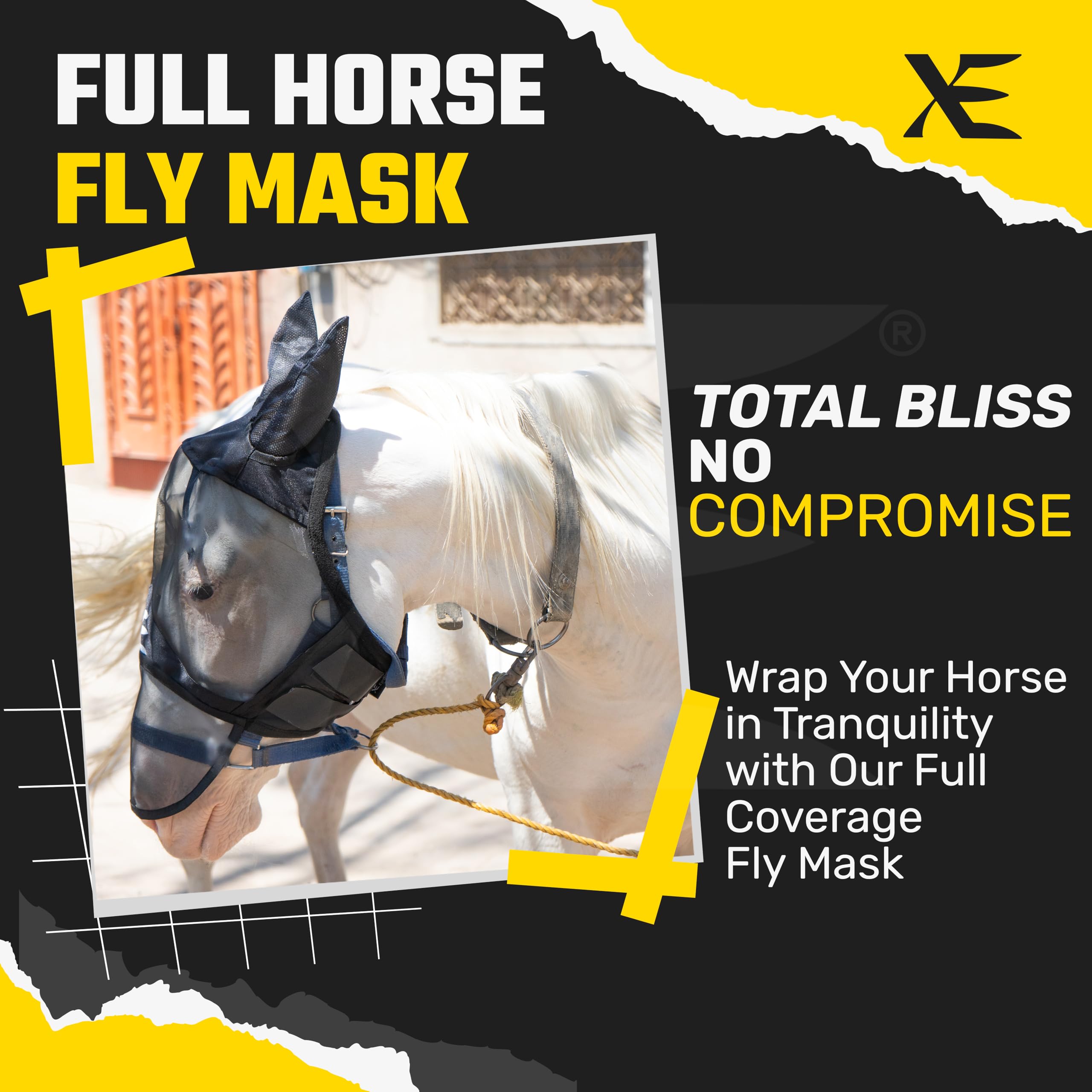 XE Maschera per Mosche per Cavalli con Orecchie-Maschera per Cavalli a Pieno Facciale e Naso in Rete Traspirante per Protezione UV e Mosche Equine (Full Black Mask, Cob (M))