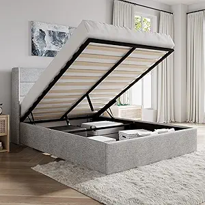 SHA CERLIN Full Size Lift Up Storage Bed/Modern Wingback Headboard/Upholstered Platform Bed Frame/Hydraulic Storage/No Box Spring Needed/Wood Slats Support/Light Grey