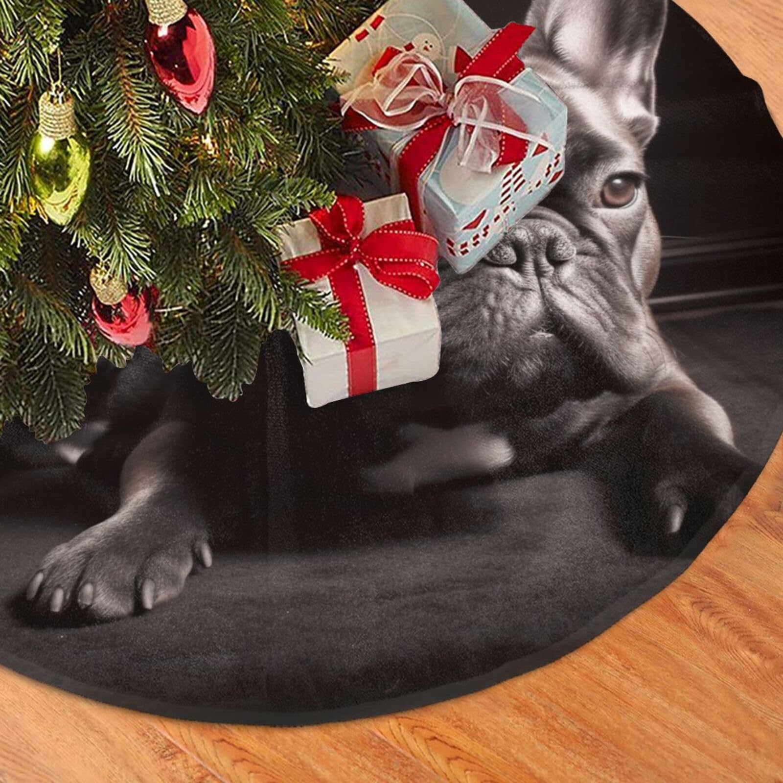 Fodpand Black Bulldog Christmas Tree Skirt 36" Velvet Xmas Tree Skirt Mat Rustic Christmas Tree Mat Cover Winter Xmas Tree Collar For Indoor Outdoor Christmas Decorations