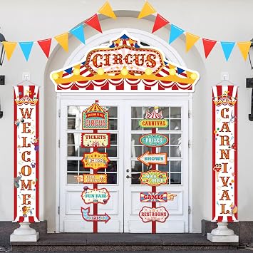 15 Pcs Circus Decorations Carnival Striped Awning Porch Banner Carnival Theme Directional Signs Welcome to the Circus for Birthday Party Supplies