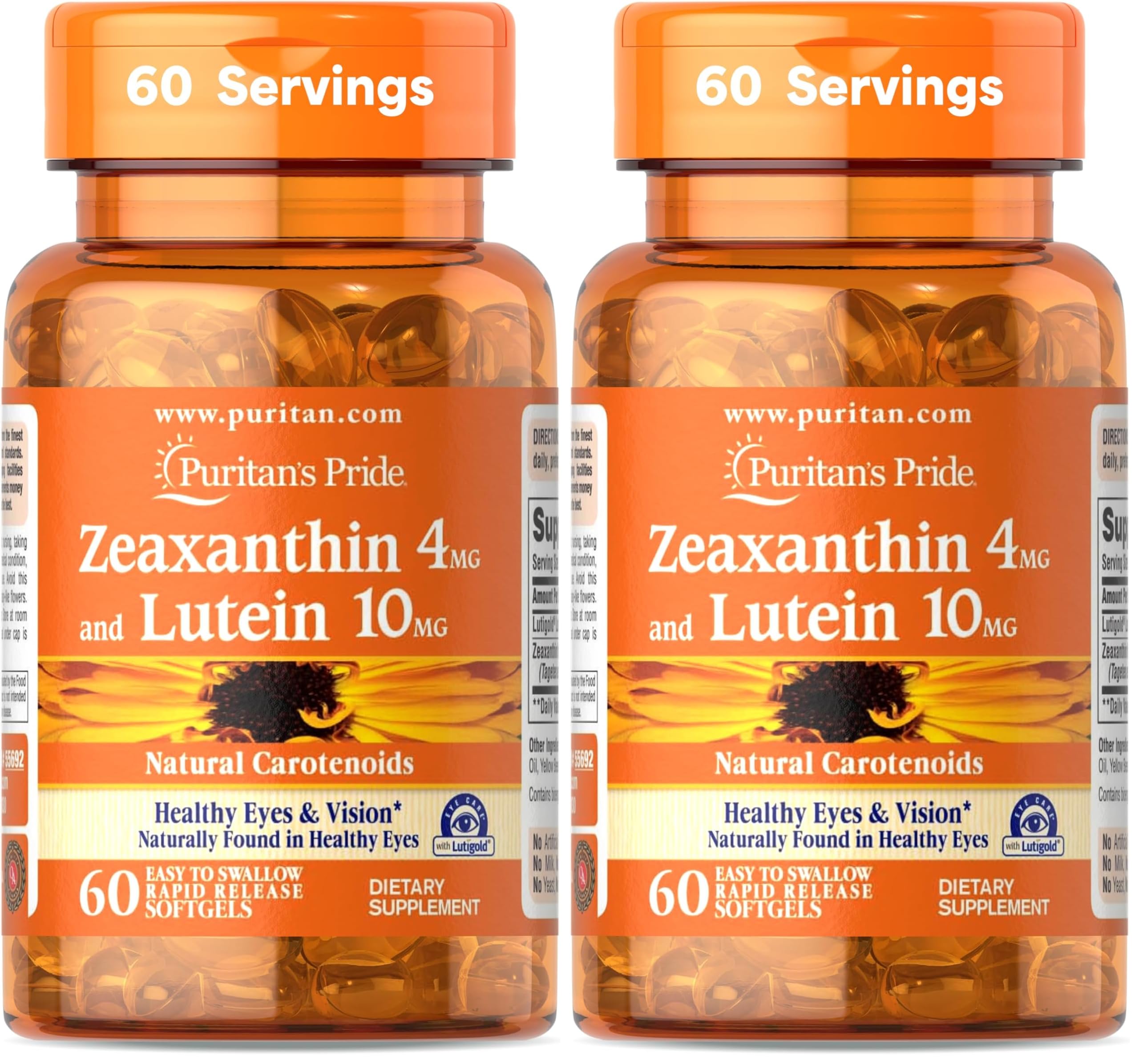 Puritan's Pride Zeaxanthin 4mg with Lutigold™ Lutein 10mg Carotenoids, Dietary Supplement for Healthy Eyes and Vision, 60 Easy-to-Swallow Rapid Release Softgels (Pack of 2) 60 Count (Pack of 2)