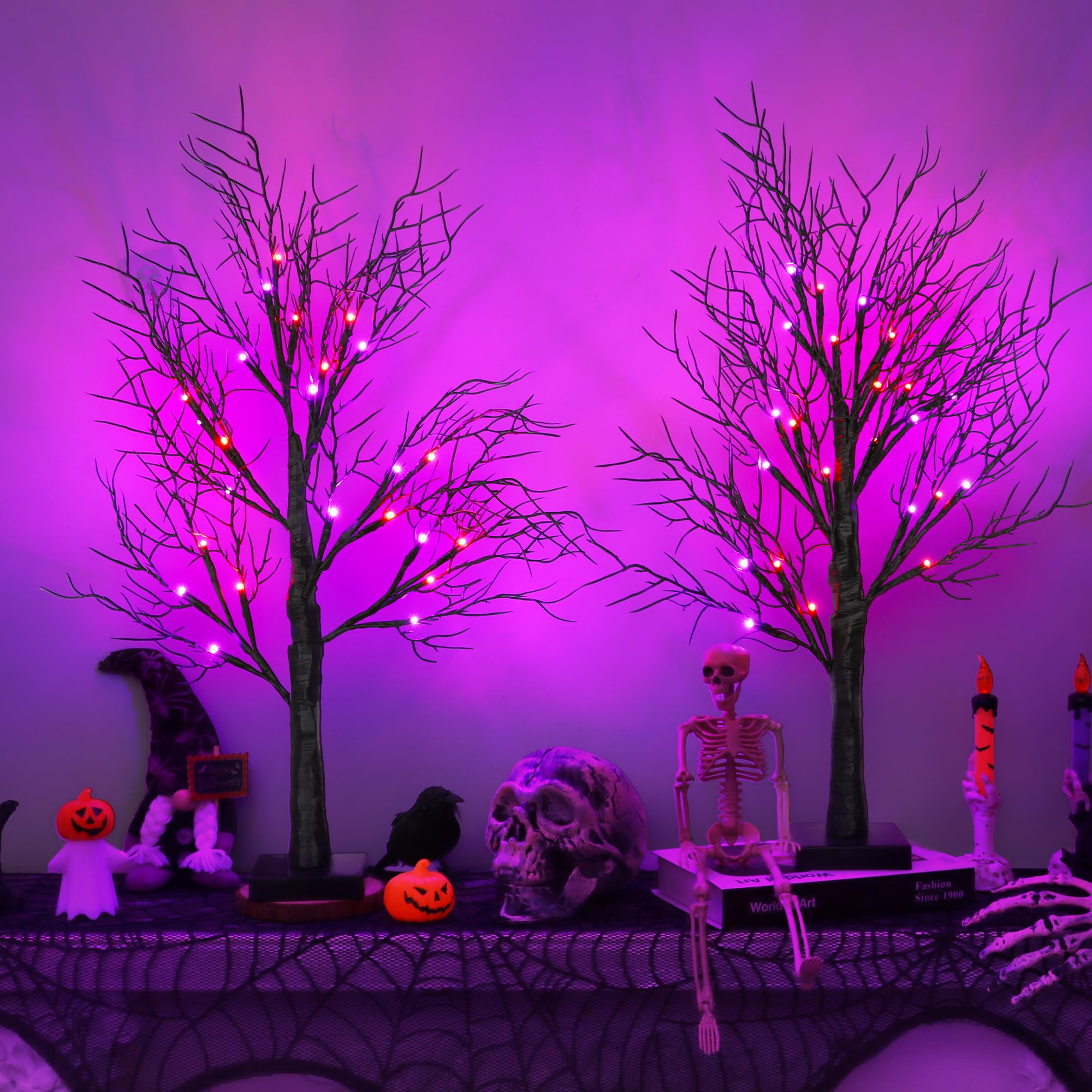 [Timer] 2 Pack Halloween Decorations Indoor, 24 Inch Lighted Black Halloween Tree with 24 Orange &amp; Purple Lights, USB or Battery Powered Spooky Tabletop Tree for Home, Party, Fireplace &amp; Holiday Decor