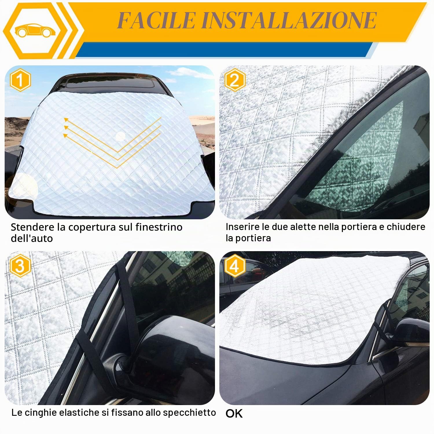 Copertura Parabrezza Auto,Parasole Auto Parabrezza Anteriore 3 magneti Ripiegabile Contro i Raggi UV per Auto, t roc, Jeep renegade, SUV, Furgoni 193 * 126cm Contro Neve Ghiaccio Gelo Polvere Sole