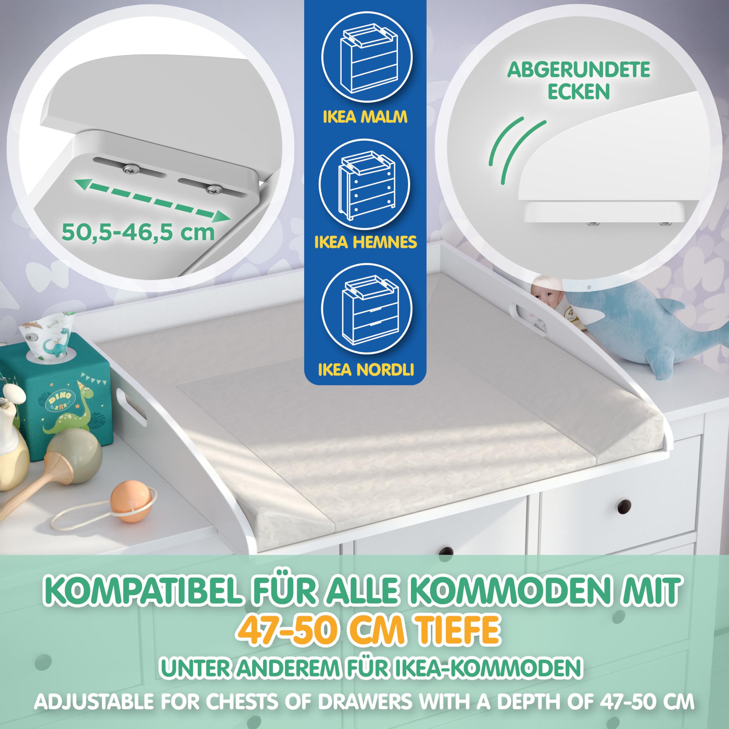 CADANI Wickelaufsatz ILA – Verstellbarer Universal Wickeltisch-Aufsatz kompatibel mit IKEA Kommoden Malm, Hemnes, Nordli – 77×76×12 cm, Weiß mit Kippschutz & Sicherer Befestigung für Wickelkommoden