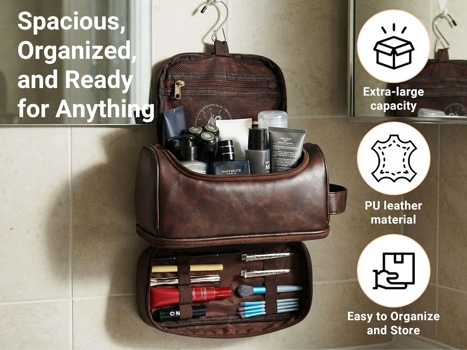 OXYEFEI Personalized Toiletry Bag for Men,Personalized Gifts for Men for Husband Dad, Custom Monogrammed PU Leather Waterproof Mens Toiletry Travel Essential Dopp Kit Shaving Bag (J, Tea Brown)