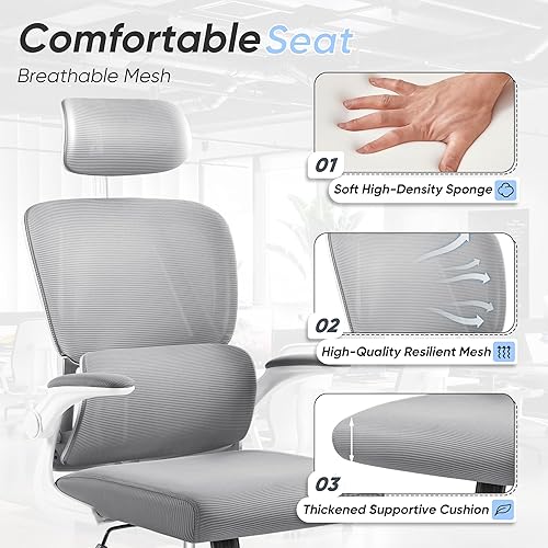 Miniatura 5 de JUMMICO Silla de oficina ergonómica, silla de escritorio con respaldo alto con reposacabezas ajustables y brazos abatibles, silla de computadora de