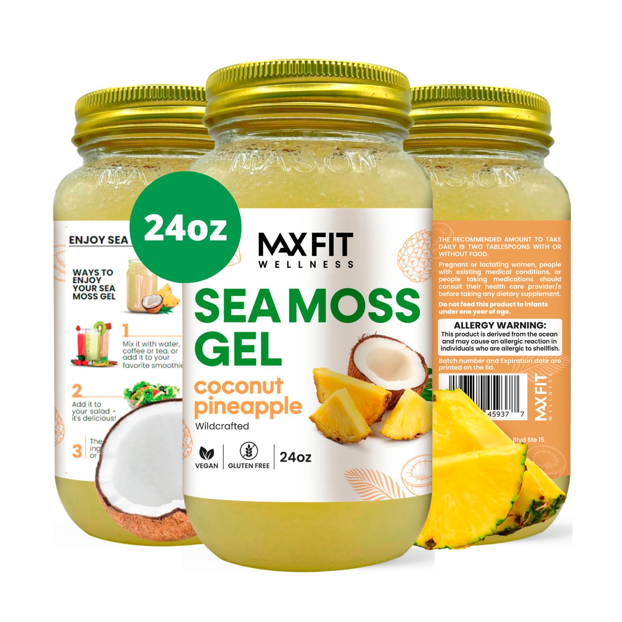 Sea Moss Gel Raw Coconut Pineapple (25 Flavors) 24oz WildŃrafted Gold Sea Moss Gel from Saint Lucia | 92 Vitamins and Minerals | Pure Raw+Non-GMO