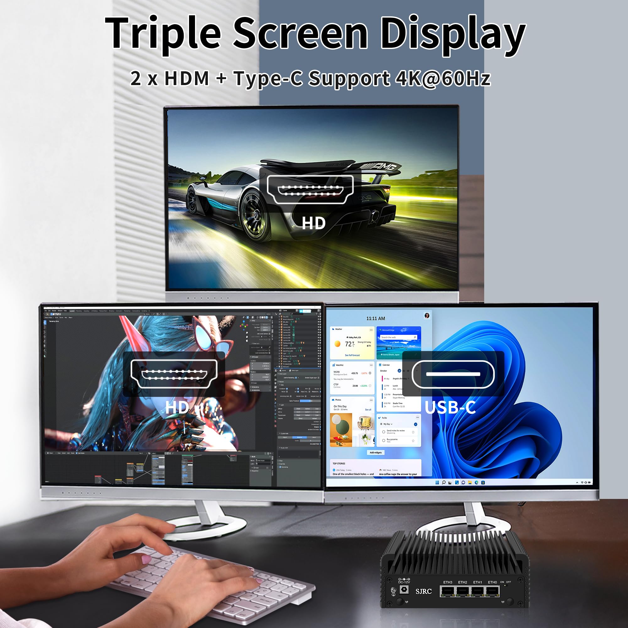 SJRC Fanless Firewall Mini PC J6413, 4X i226-V 2.5GbE LAN, OPNsense Micro Router Hardware Appliance, 8GB DDR4 RAM 256GB NVMe SSD, AES-NI, 2X HD + Type-C, TF Card, SATA 3.0
