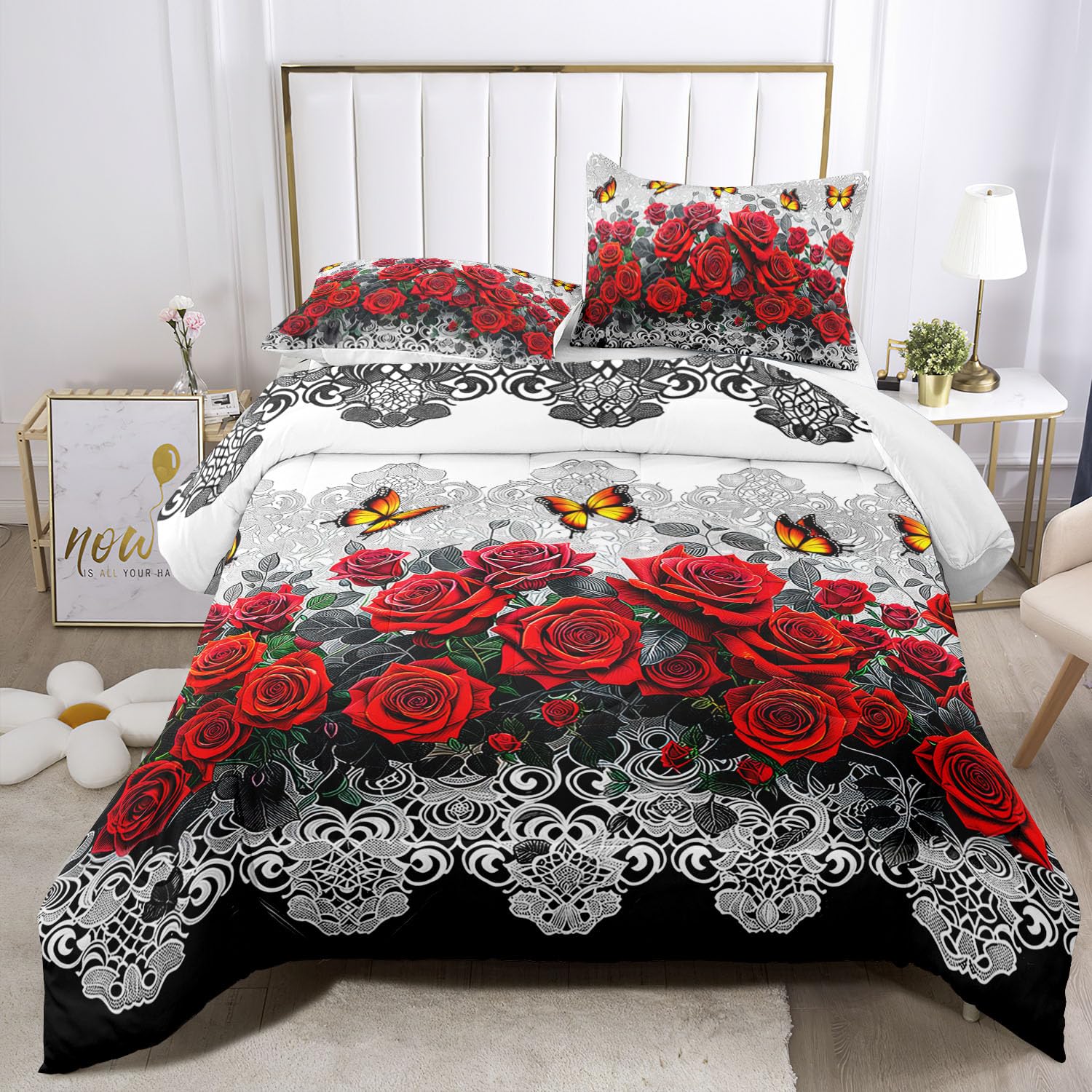 Raphus cucullatus red and Black Rose Queen Size Comforter,Red Bedding Queen Size Comforters,Red Bedroom Decor for Women,Queen Quilt Bedding Rose,Flower Bed Comforter Queen