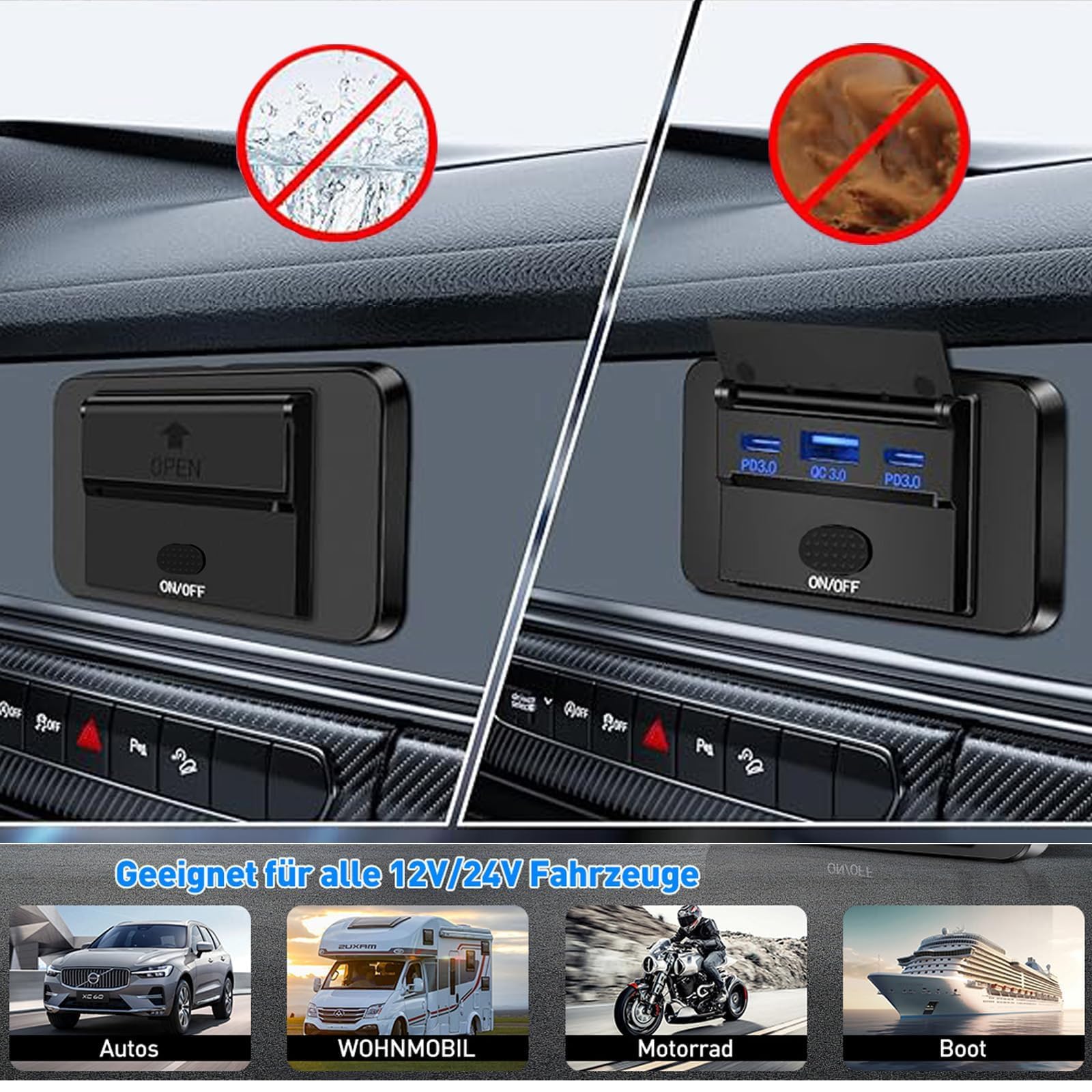 Presa USB 12V, 72W - Caricatore Triplo Porta con Ricarica Rapida Simultanea (2xQC3.0 + PD), Interruttore On/Off, Presa USB Integrabile per Auto 12-24V, Camion, Barche, Camper (2 Pezzi)