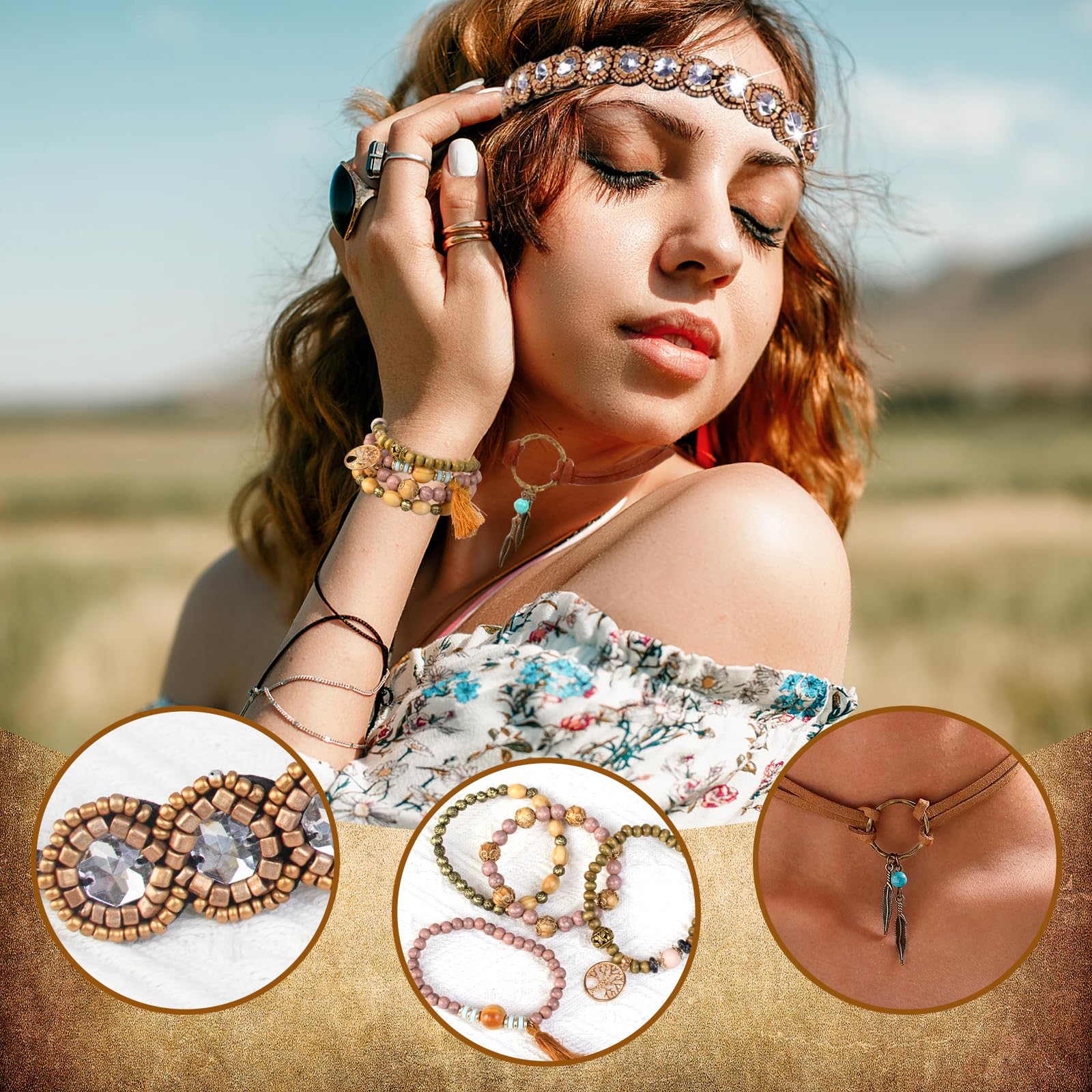 7Stück Hippie Kleidung Damen Set, Cowgirl Western Outfit, Hippie Kostüm Damen Set mit Hippie Ohrringe, Brille, Armband, Halskette, 60er 70er Hippie Bekleidung Faschingskostüme Halloween