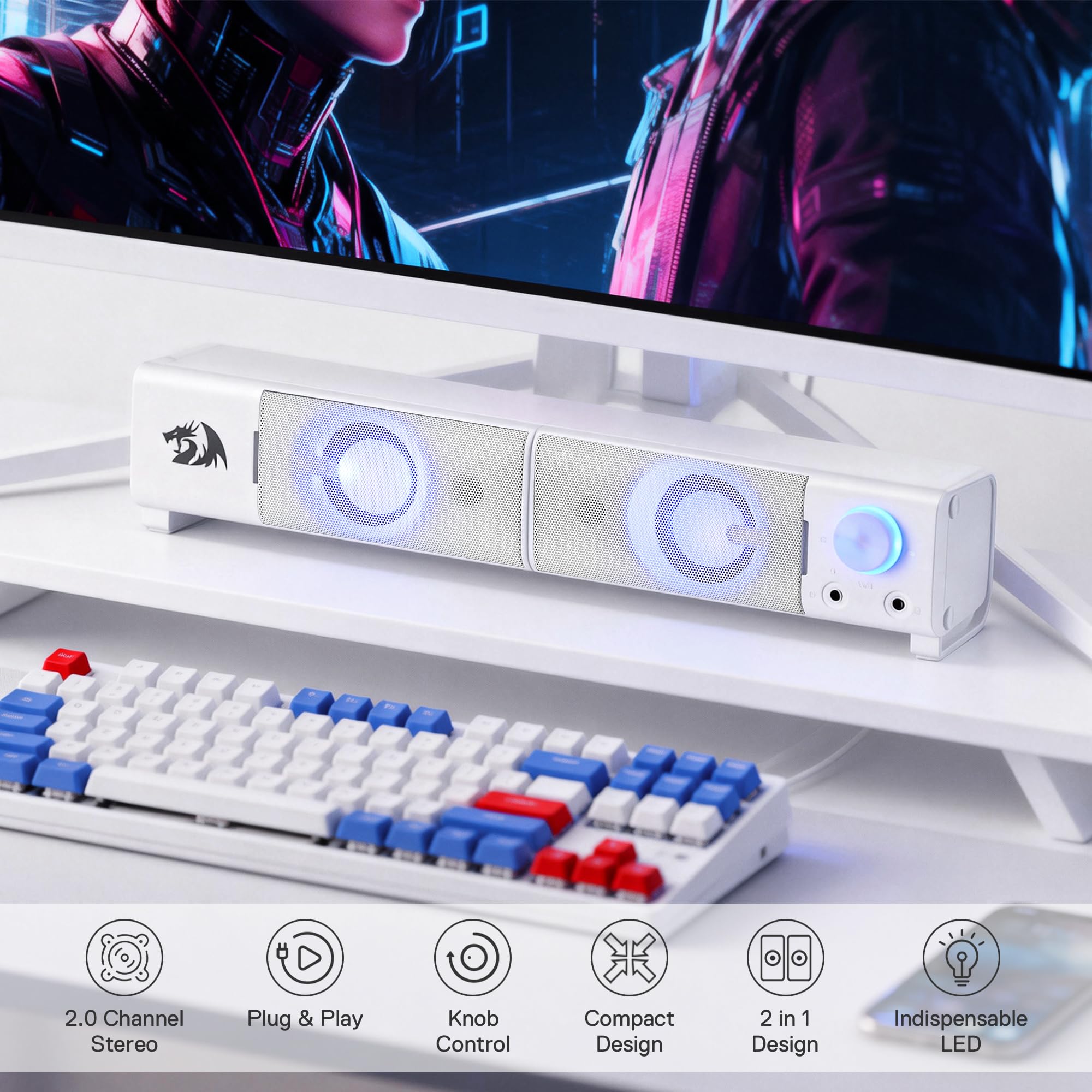 Redragon GS550 - Altoparlante da gioco per PC, 2.0 canali, per computer desktop, dimensioni compatte, jack per cuffie, basso di alta qualità, retroilluminato rosso, alimentato da USB, cavo da 3,5 mm