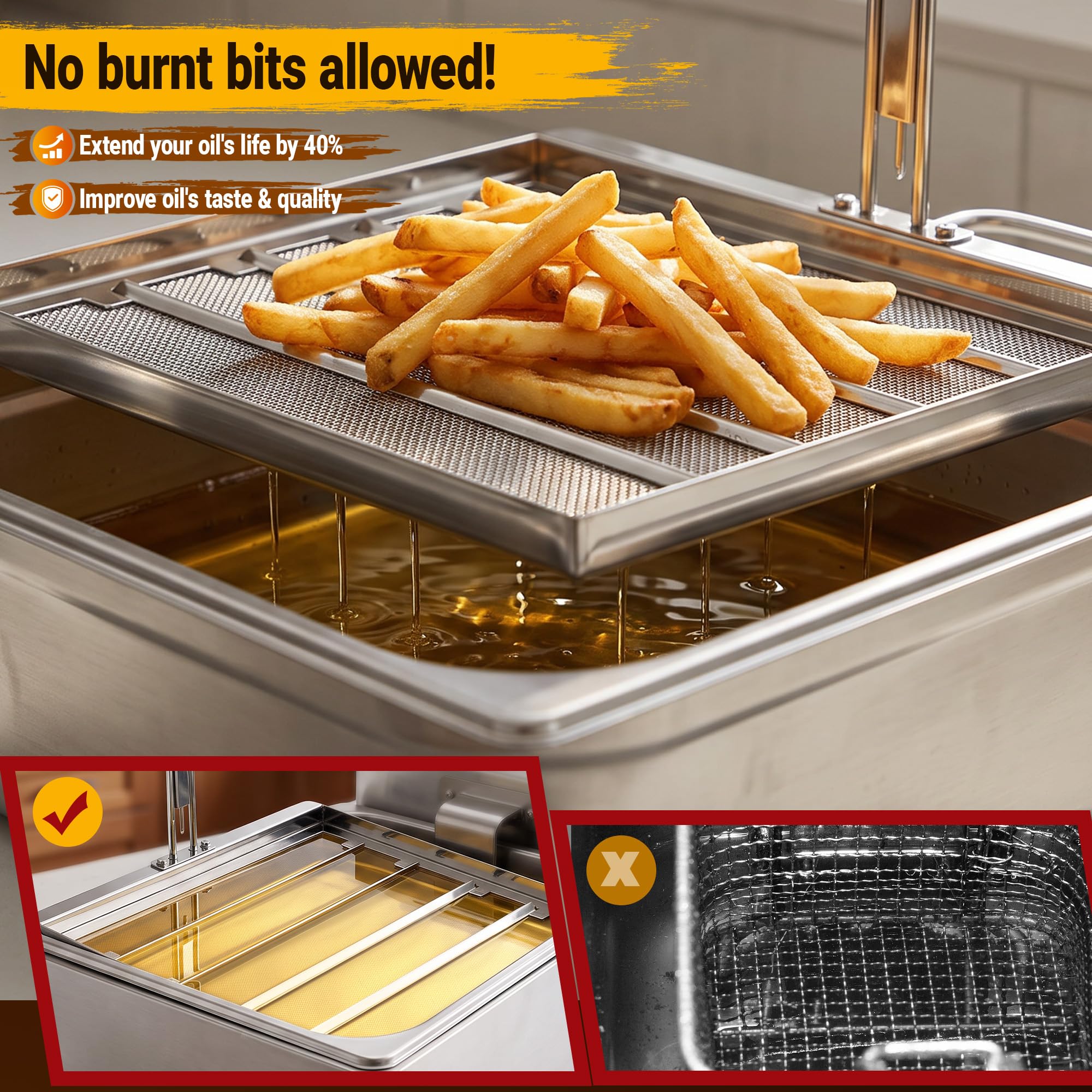 AF45 - Filtro per friggitrice commerciale, 34,92 cm x 34,92 cm, 550 micron, in acciaio inox 304, filtro a rete per olio per cucina ristorante
