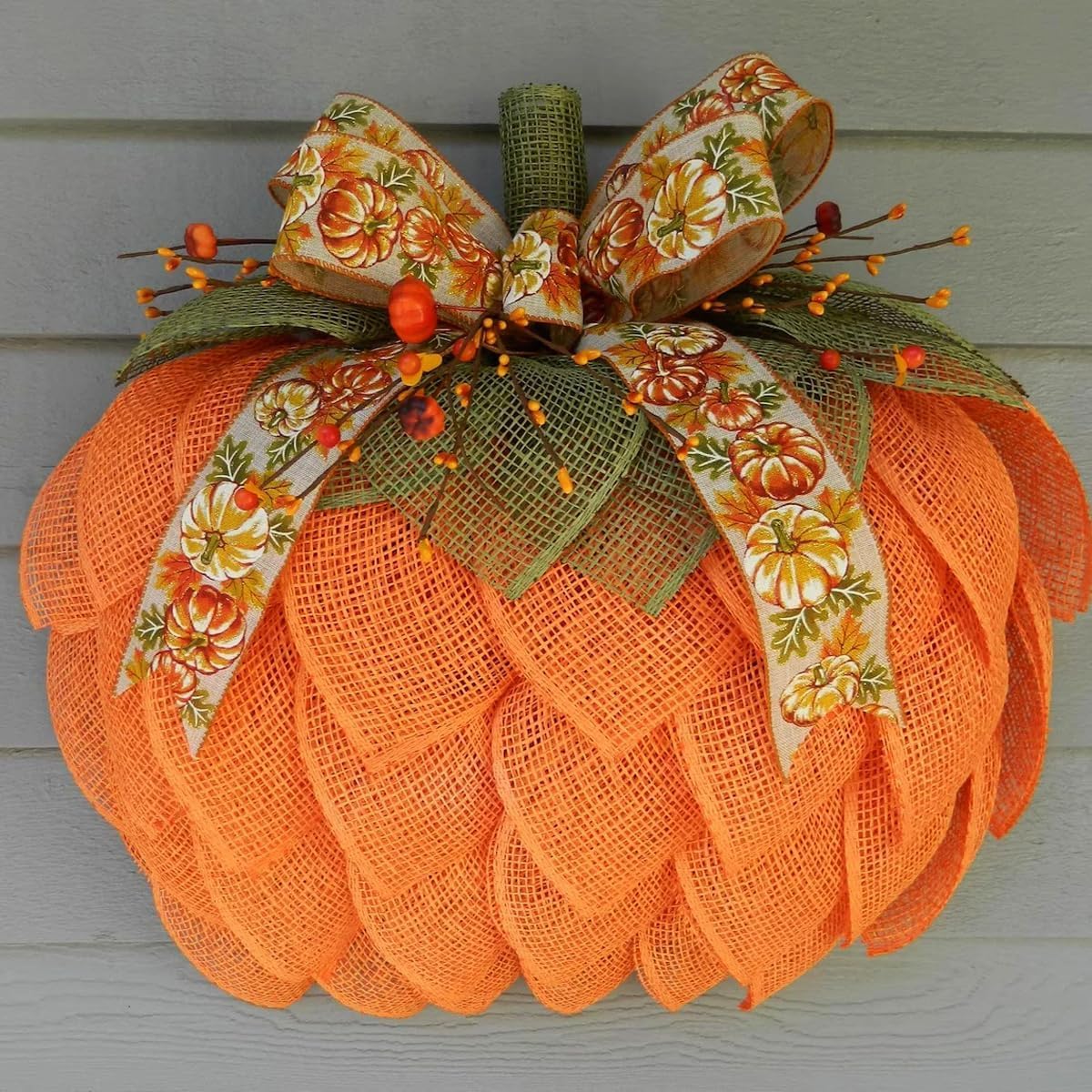 Autumn Burlap Pumpkin Wreath - Farmhouse Fall Decor with Berry Accents, Halloween Thanksgiving Wreath for Front Door and Wall Decor