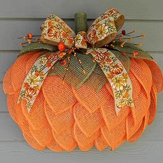 Farmhouse Pumpkin Wreath for Front Door, Burlap Pumpkin Garland with Bows and Berries, Fall Door Wreath for Autumn Halloween Thanksgiving Wall Indoor Outdoor Decor