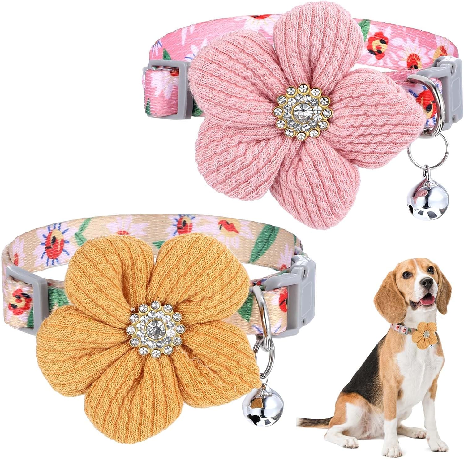 simarro 2Pcs Dog Collar with A Flower Attached, Breakaway Dog Collar, with Rhinestone Puppy Collars, Adjustable Collers for Small and Medium Dogs, Puppy Collars for Girl Dog (Pink + Yellow)